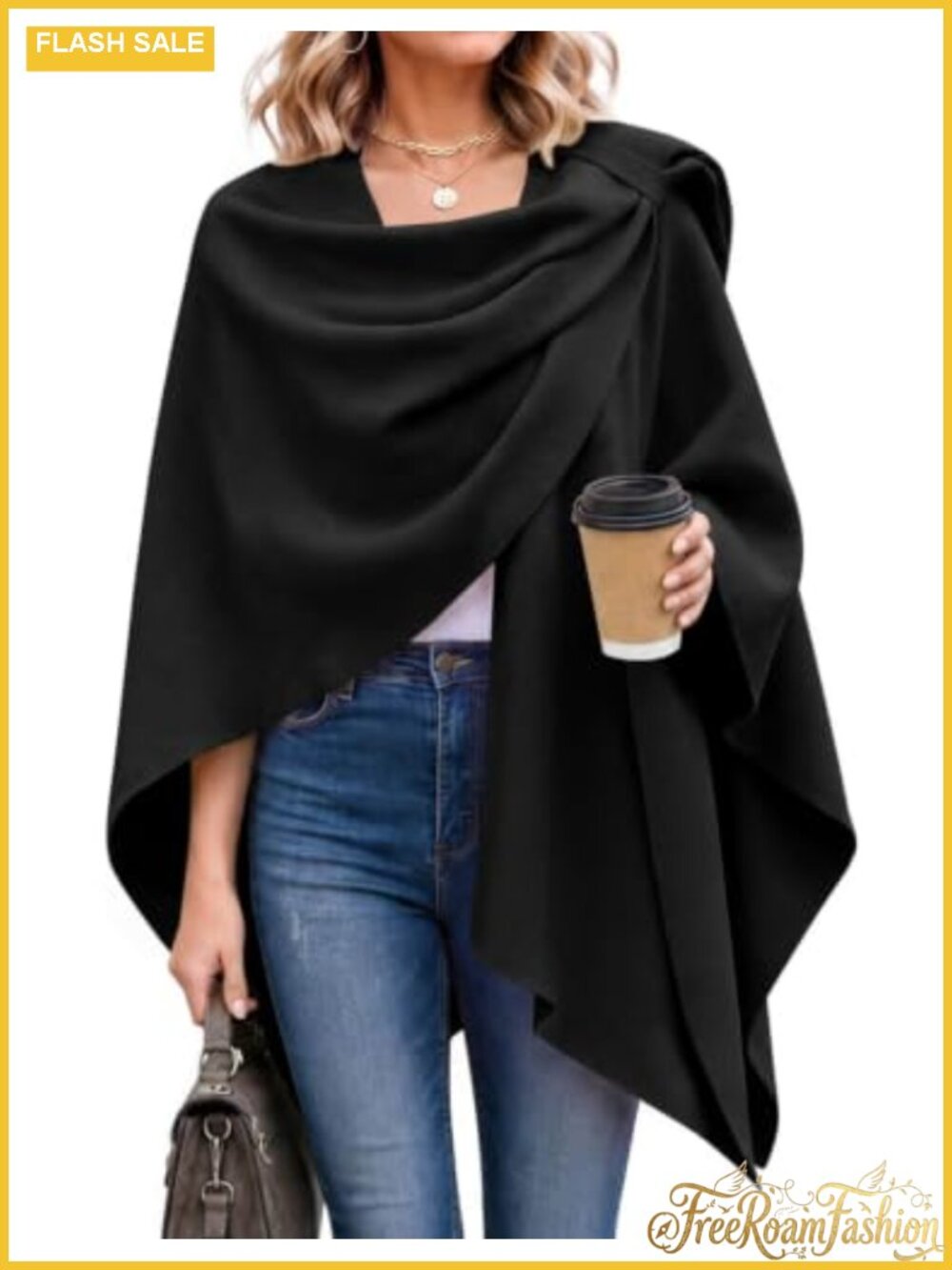 Plaid Knit Poncho Cape Wrap Sweater Shawl Shoulder Detail
